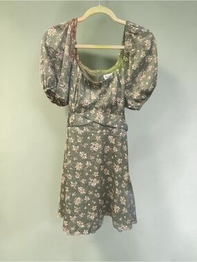 ARULA Olive Green Midi Dress with Pink Floral Print